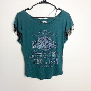 Guess Rhinestone Fringe Sleeve Cropped Baby Tee Team XS